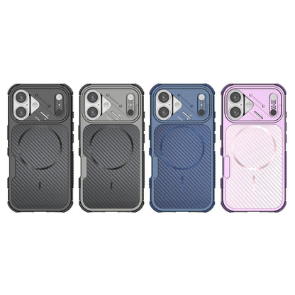 For iPhone 16 Rugged Carbon Fiber Texture Airbag Shockproof Magnetic Phone Case(Blue)