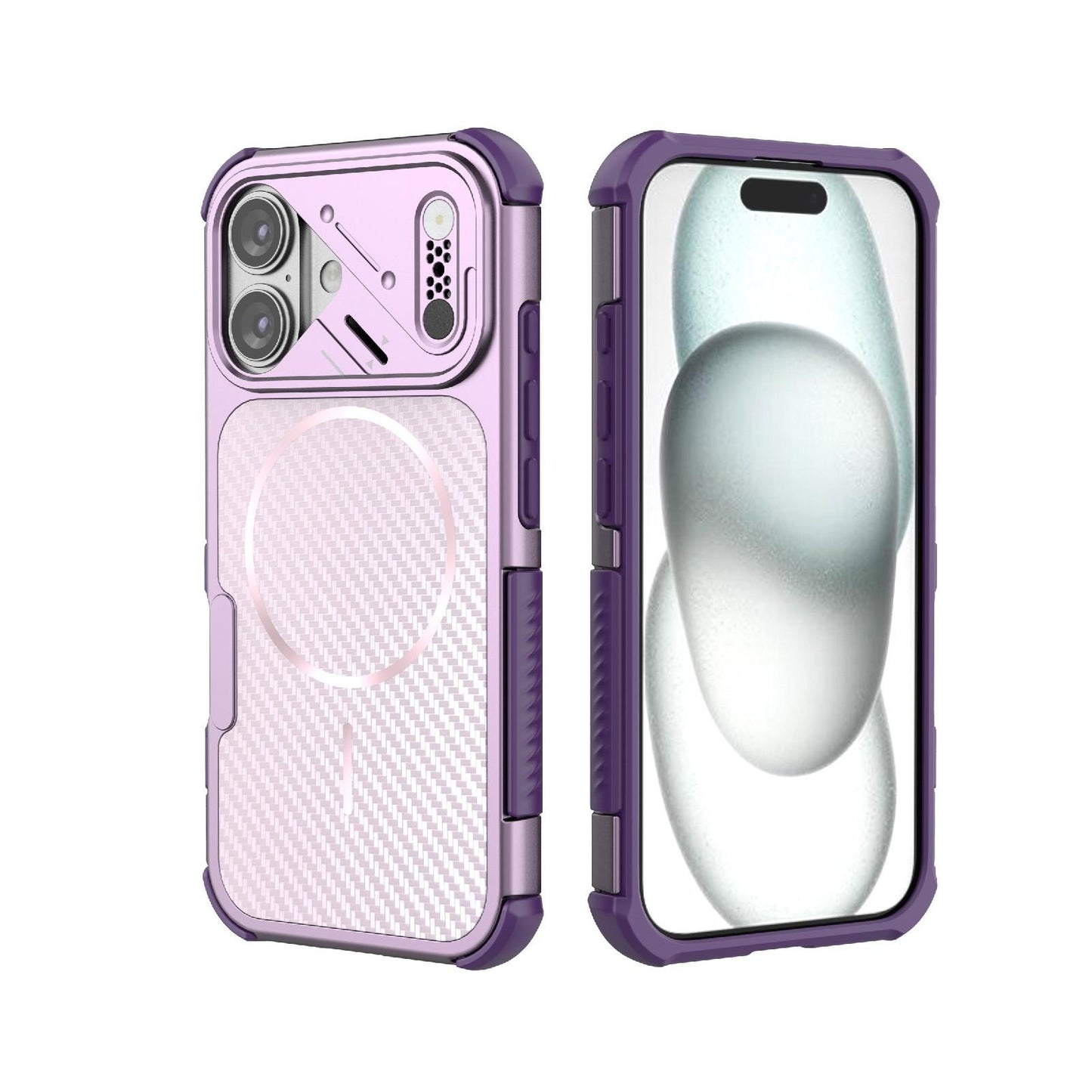For iPhone 16 Rugged Carbon Fiber Texture Airbag Shockproof Magnetic Phone Case(Purple)