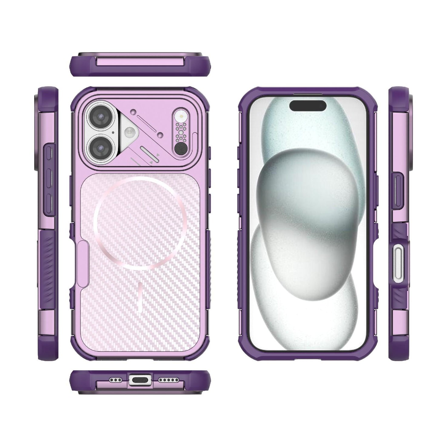 For iPhone 16 Rugged Carbon Fiber Texture Airbag Shockproof Magnetic Phone Case(Purple)