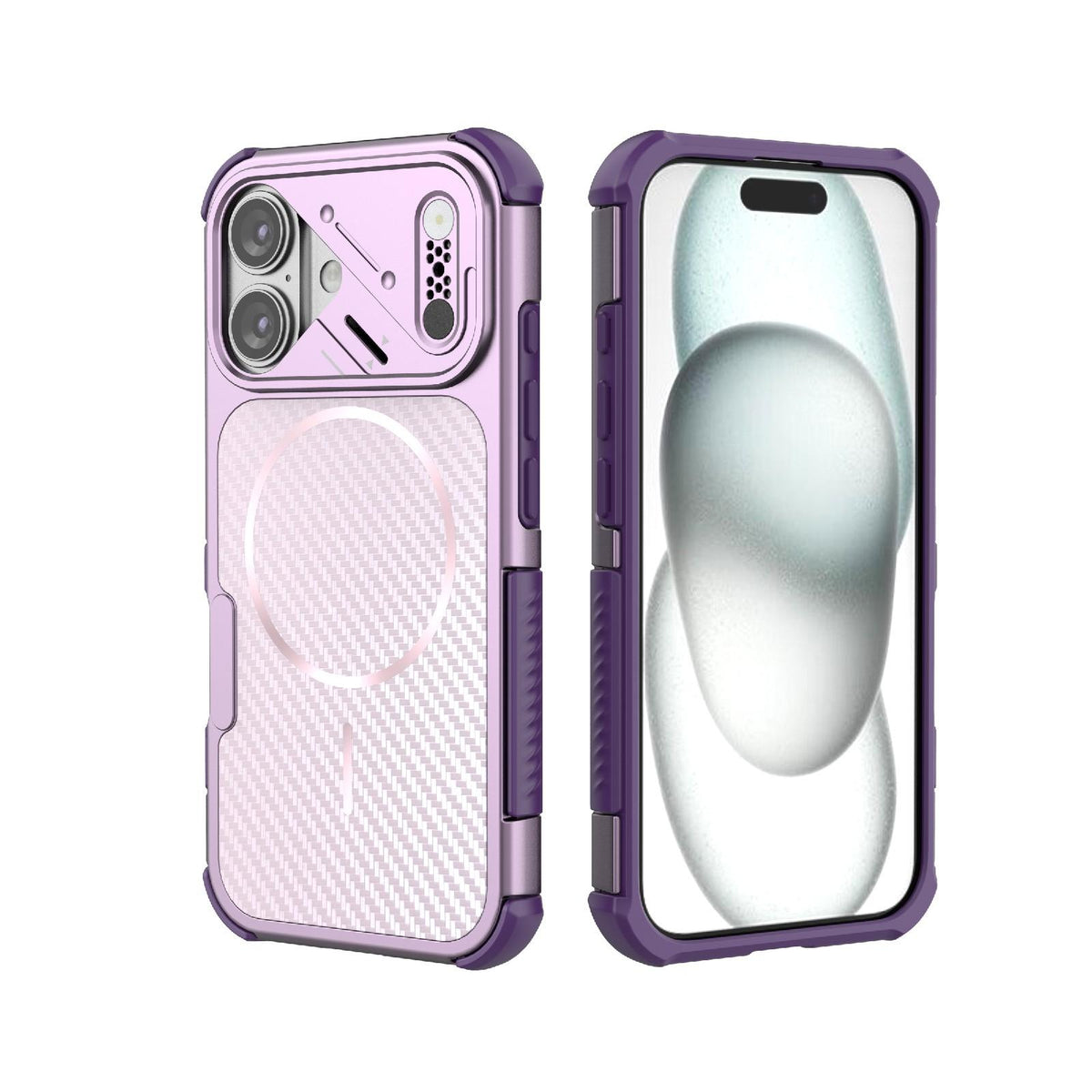 For iPhone 16 Rugged Carbon Fiber Texture Airbag Shockproof Magnetic Phone Case - Purple - EDA009990806D