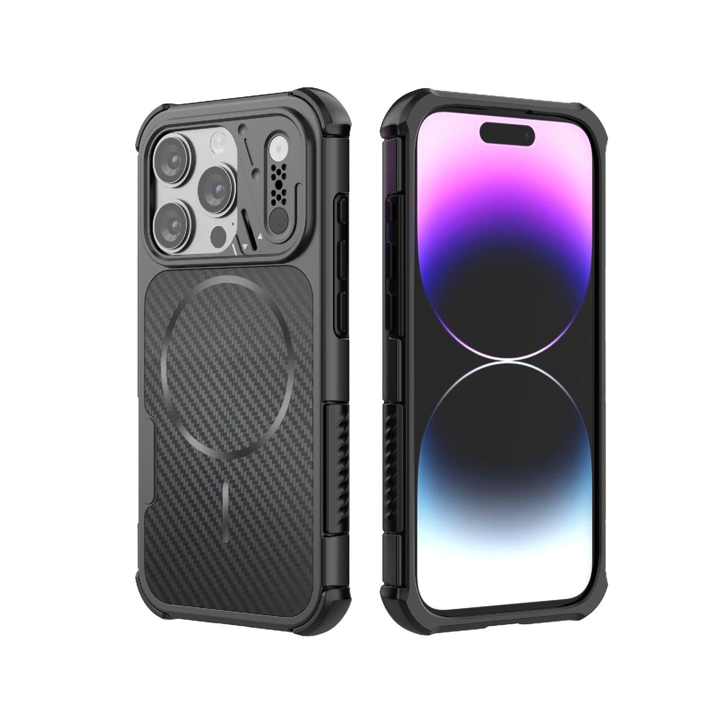For iPhone 15 Pro Rugged Carbon Fiber Texture Airbag Shockproof Magnetic Phone Case(Black)
