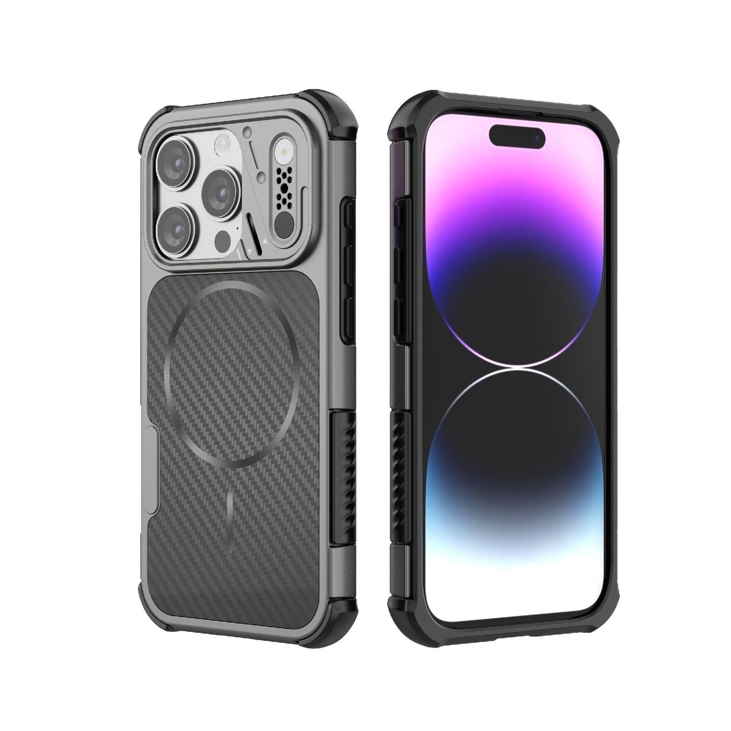 For iPhone 15 Pro Rugged Carbon Fiber Texture Airbag Shockproof Magnetic Phone Case(Gray)