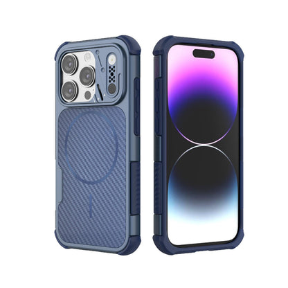 For iPhone 15 Pro Rugged Carbon Fiber Texture Airbag Shockproof Magnetic Phone Case(Blue)