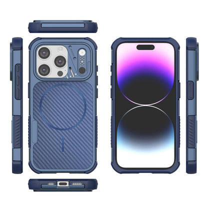 For iPhone 15 Pro Rugged Carbon Fiber Texture Airbag Shockproof Magnetic Phone Case(Blue)