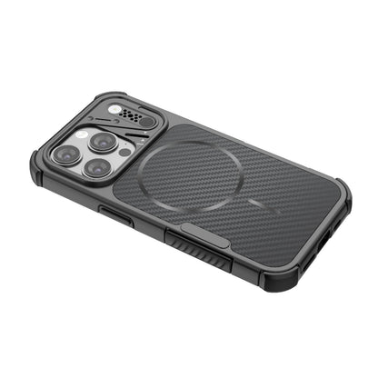 For iPhone 15 Pro Rugged Carbon Fiber Texture Airbag Shockproof Magnetic Phone Case(Blue)