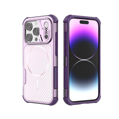 For iPhone 15 Pro Rugged Carbon Fiber Texture Airbag Shockproof Magnetic Phone Case(Purple)