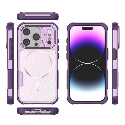 For iPhone 15 Pro Rugged Carbon Fiber Texture Airbag Shockproof Magnetic Phone Case(Purple)