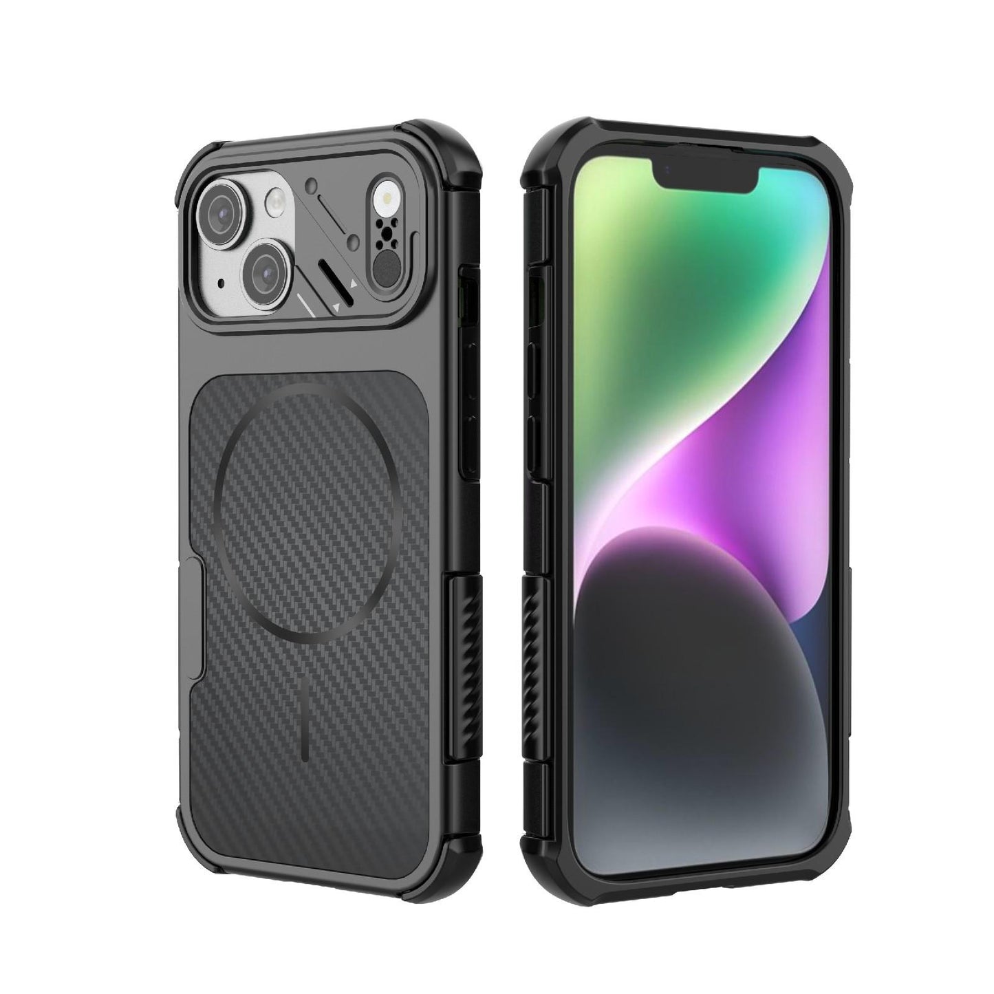 For iPhone 15 Rugged Carbon Fiber Texture Airbag Shockproof Magnetic Phone Case(Black)