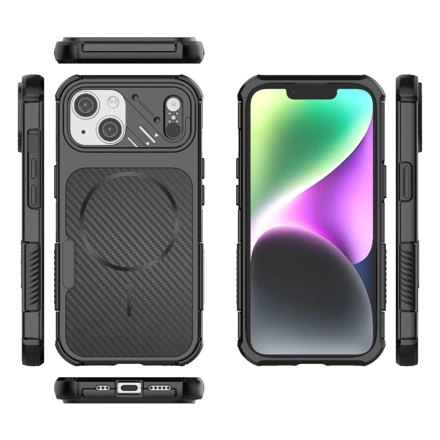For iPhone 15 Rugged Carbon Fiber Texture Airbag Shockproof Magnetic Phone Case(Black)