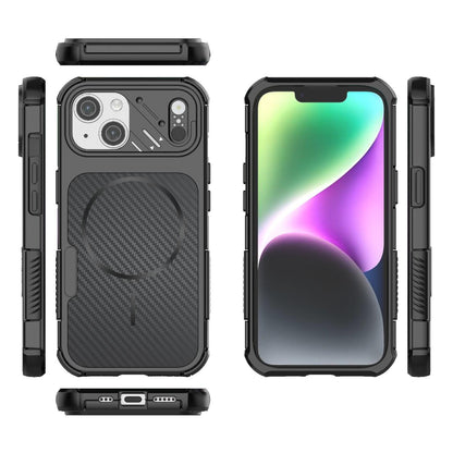 For iPhone 15 Rugged Carbon Fiber Texture Airbag Shockproof Magnetic Phone Case(Black)
