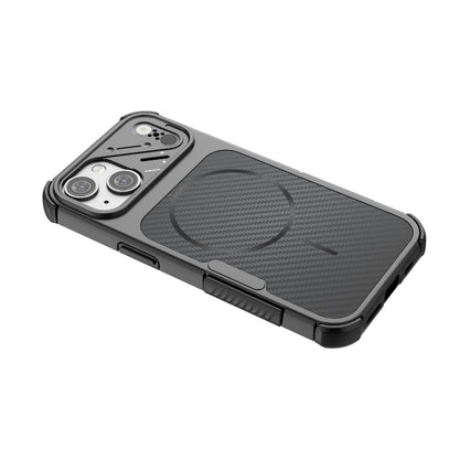 For iPhone 15 Rugged Carbon Fiber Texture Airbag Shockproof Magnetic Phone Case(Black)