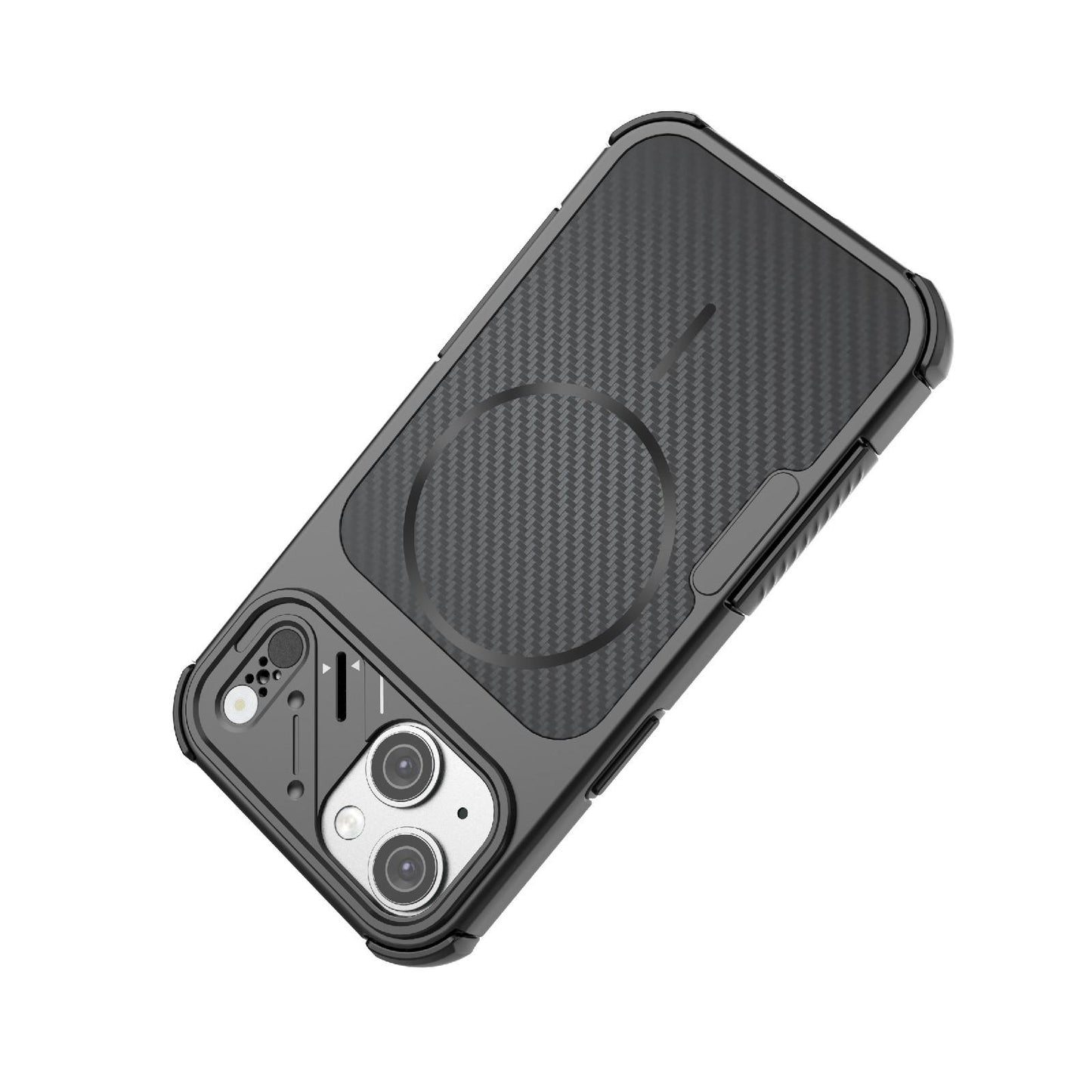 For iPhone 15 Rugged Carbon Fiber Texture Airbag Shockproof Magnetic Phone Case(Black)