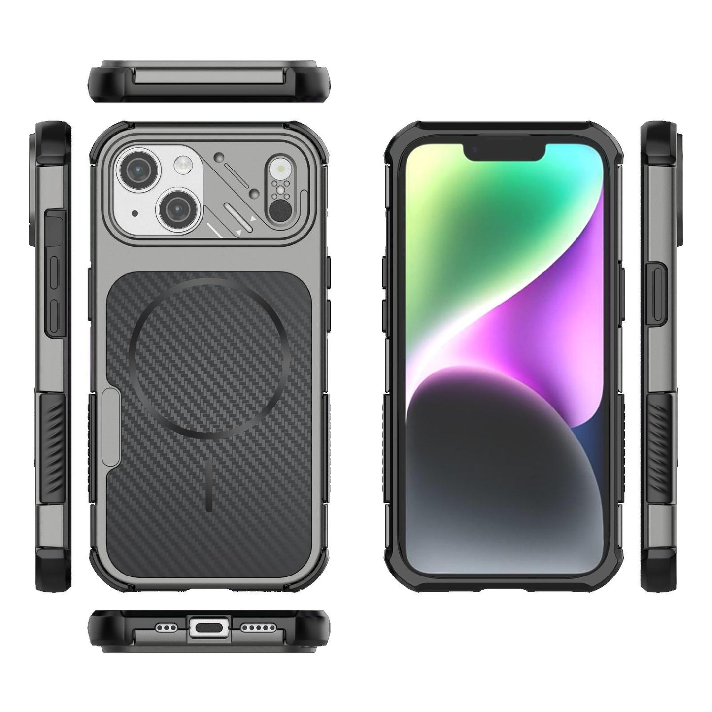 For iPhone 15 Rugged Carbon Fiber Texture Airbag Shockproof Magnetic Phone Case(Gray)