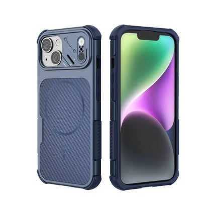 For iPhone 15 Rugged Carbon Fiber Texture Airbag Shockproof Magnetic Phone Case(Blue)