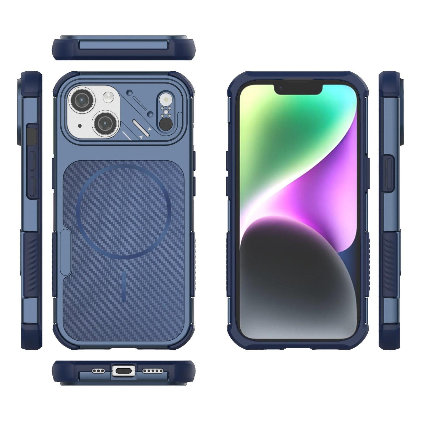 For iPhone 15 Rugged Carbon Fiber Texture Airbag Shockproof Magnetic Phone Case(Blue)