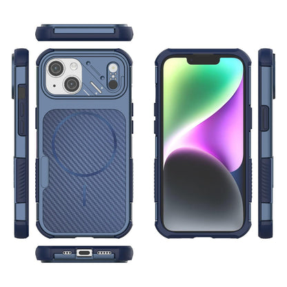 For iPhone 15 Rugged Carbon Fiber Texture Airbag Shockproof Magnetic Phone Case(Blue)