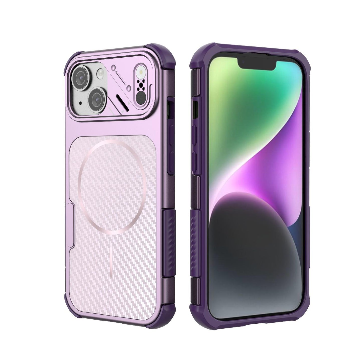 For iPhone 15 Rugged Carbon Fiber Texture Airbag Shockproof Magnetic Phone Case(Purple)