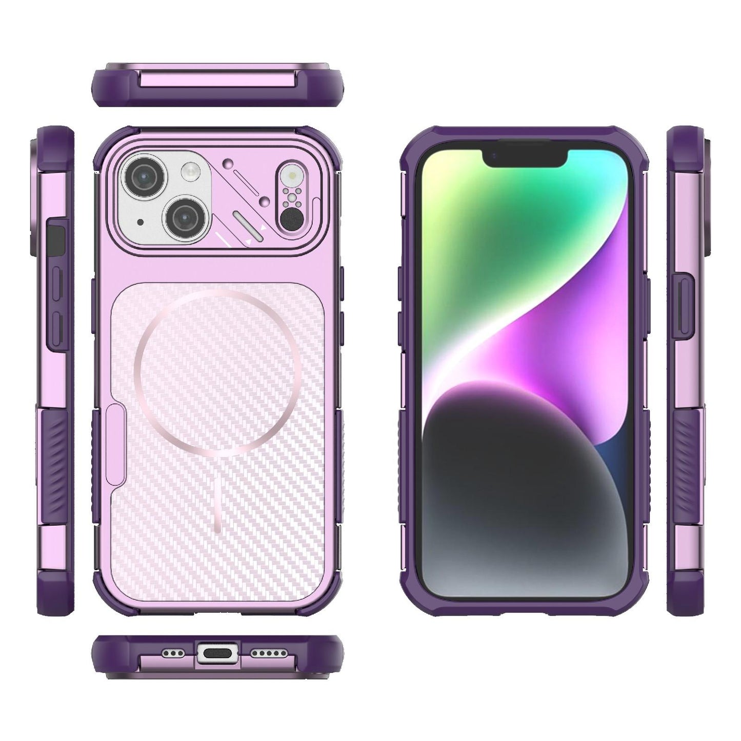 For iPhone 15 Rugged Carbon Fiber Texture Airbag Shockproof Magnetic Phone Case(Purple)