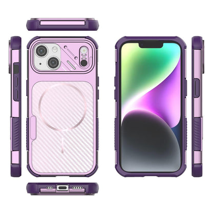 For iPhone 15 Rugged Carbon Fiber Texture Airbag Shockproof Magnetic Phone Case(Purple)
