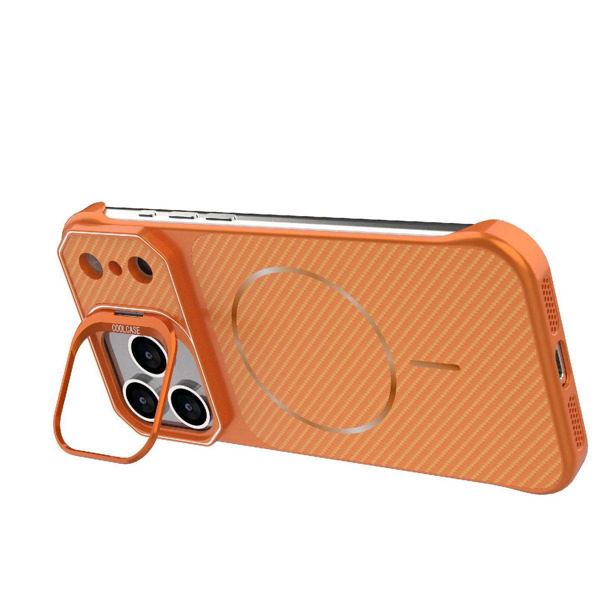 For iPhone 17 Pro Max Frameless Half-Wrapped Carbon Fiber Texture PC Magnetic Phone Case - Orange - EDA009991001E