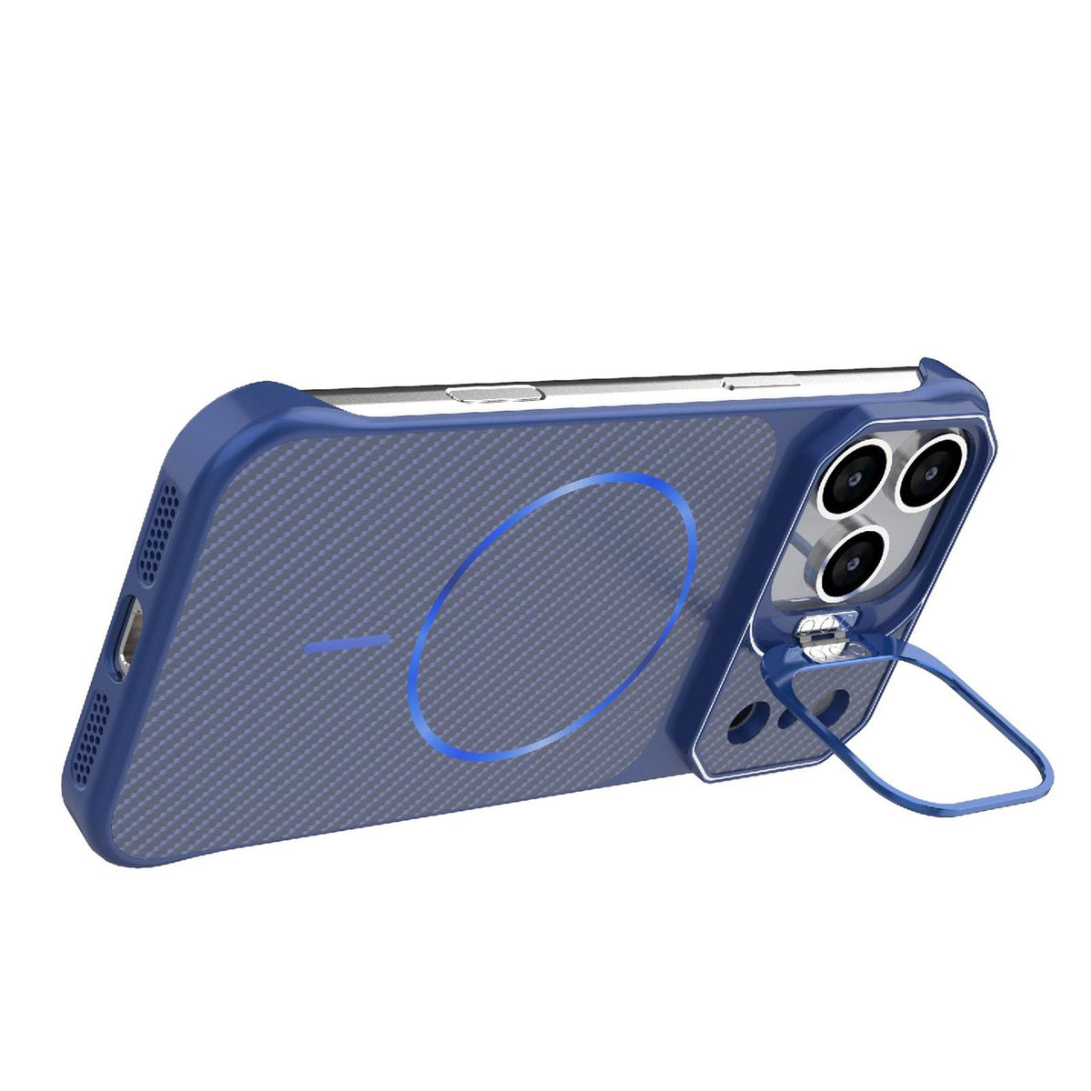 For iPhone 18 Pro Max Frameless Half-Wrapped Carbon Fiber Texture PC Magnetic Phone Case - Blue - EDA009991004C
