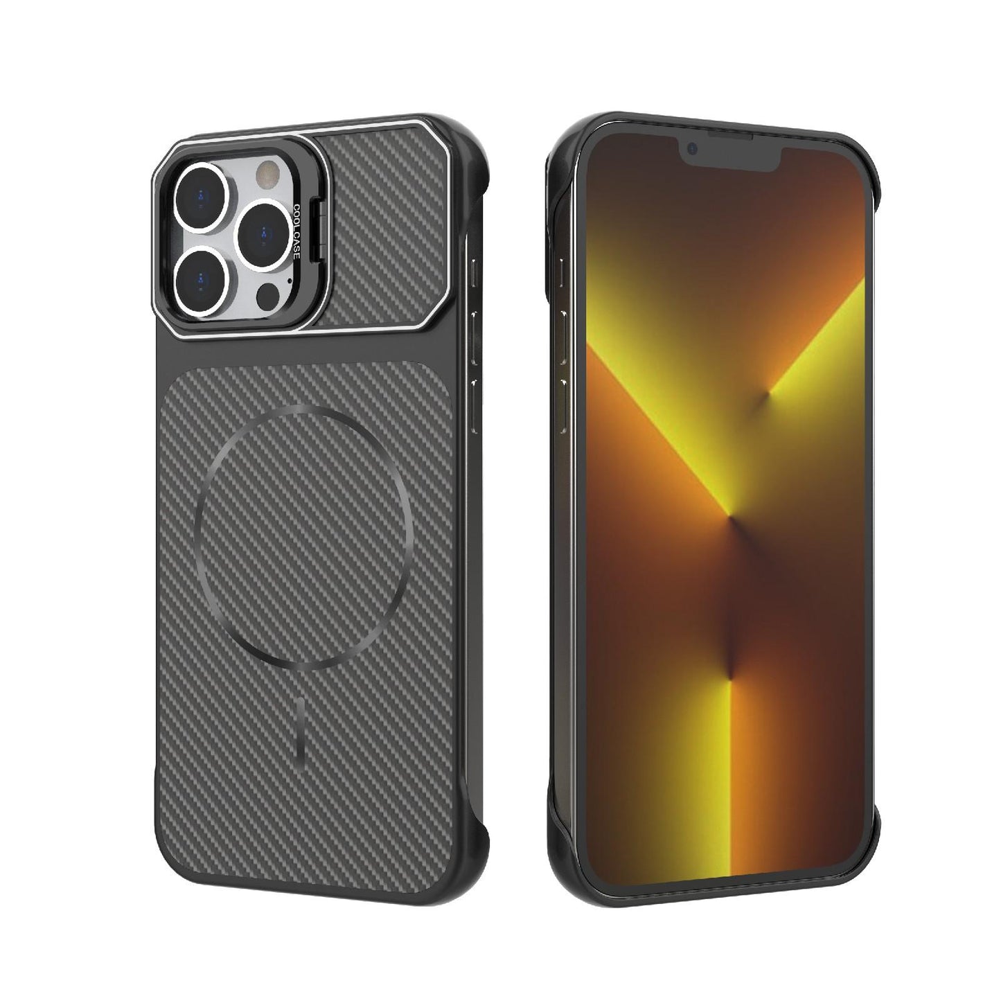 For iPhone 13 Pro Max Frameless Half-Wrapped Carbon Fiber Texture PC Magnetic Phone Case(Black)