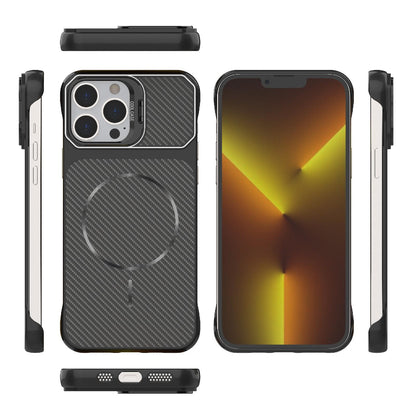 For iPhone 13 Pro Max Frameless Half-Wrapped Carbon Fiber Texture PC Magnetic Phone Case(Black)