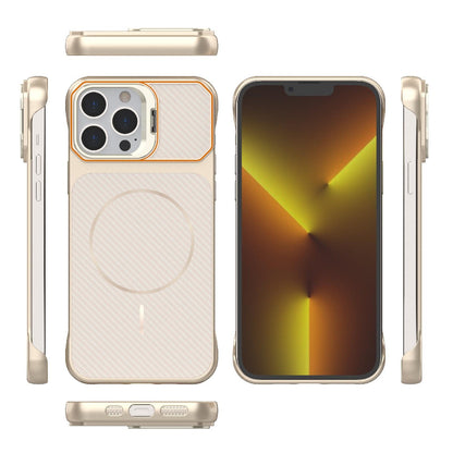 For iPhone 13 Pro Max Frameless Half-Wrapped Carbon Fiber Texture PC Magnetic Phone Case(Rose Gold)