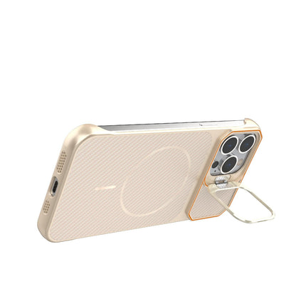 For iPhone 13 Pro Max Frameless Half-Wrapped Carbon Fiber Texture PC Magnetic Phone Case(Rose Gold)
