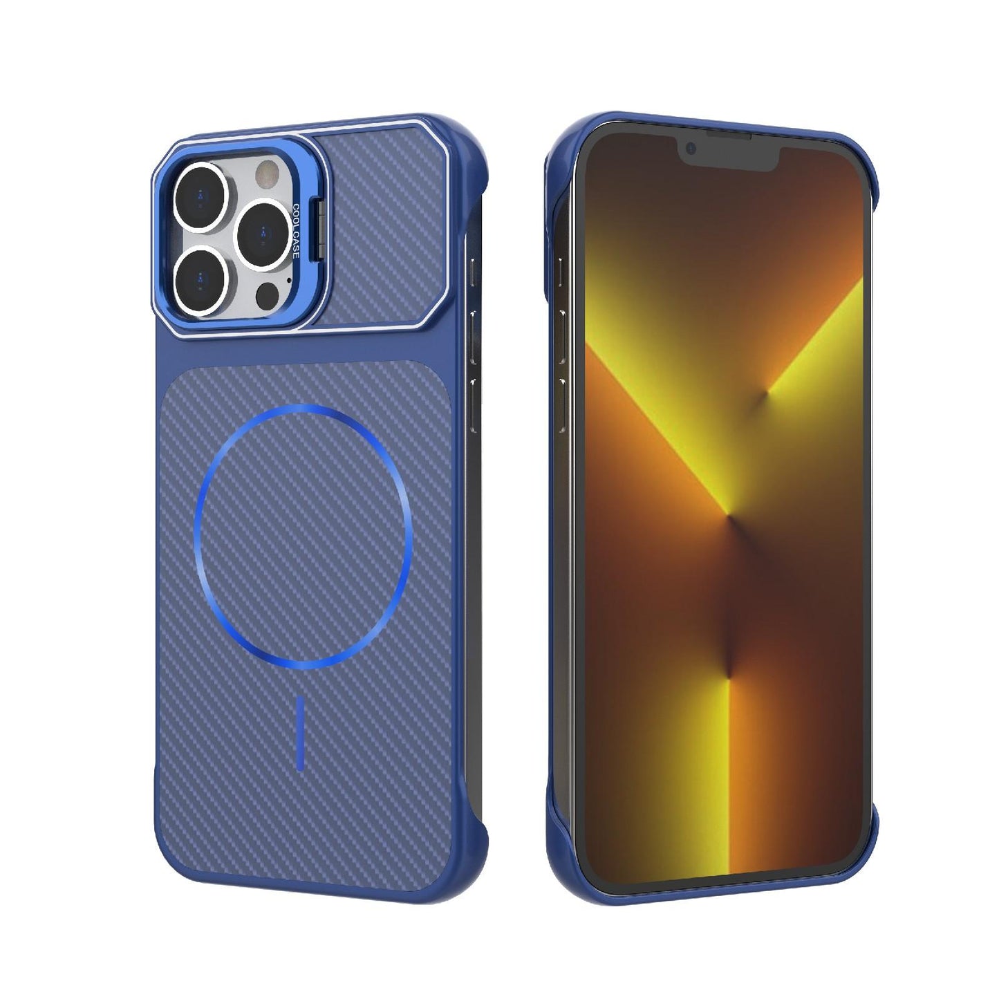 For iPhone 13 Pro Max Frameless Half-Wrapped Carbon Fiber Texture PC Magnetic Phone Case(Blue)