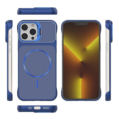 For iPhone 13 Pro Max Frameless Half-Wrapped Carbon Fiber Texture PC Magnetic Phone Case(Blue)