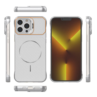 For iPhone 13 Pro Max Frameless Half-Wrapped Carbon Fiber Texture PC Magnetic Phone Case(Silver)