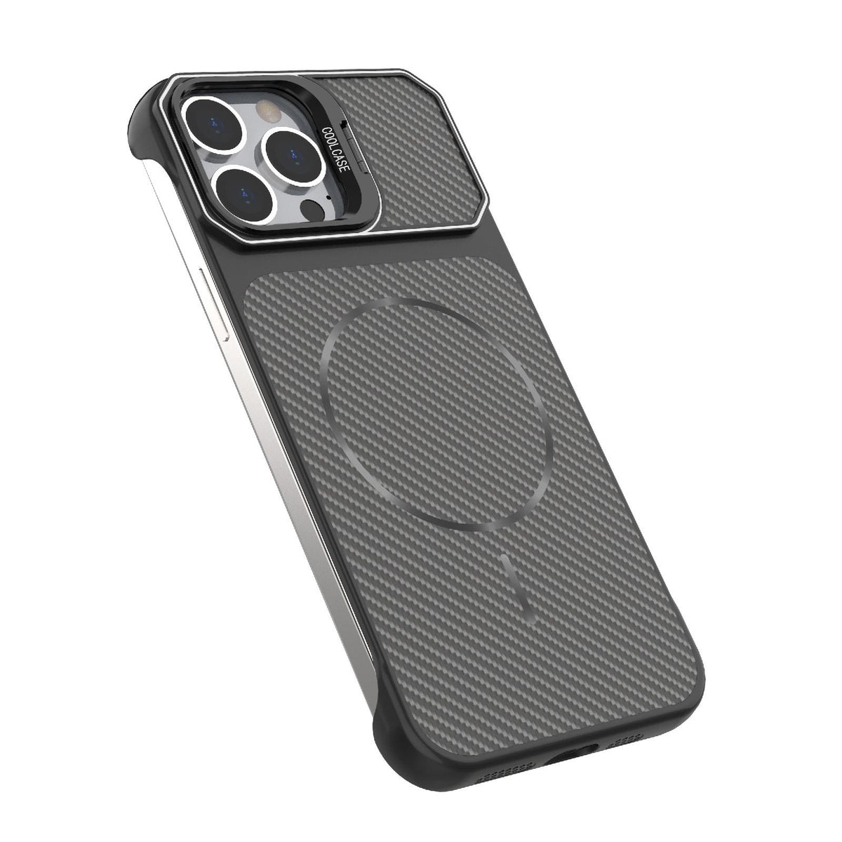 For iPhone 13 Pro Max Frameless Half-Wrapped Carbon Fiber Texture PC Magnetic Phone Case - Silver - EDA009991005D