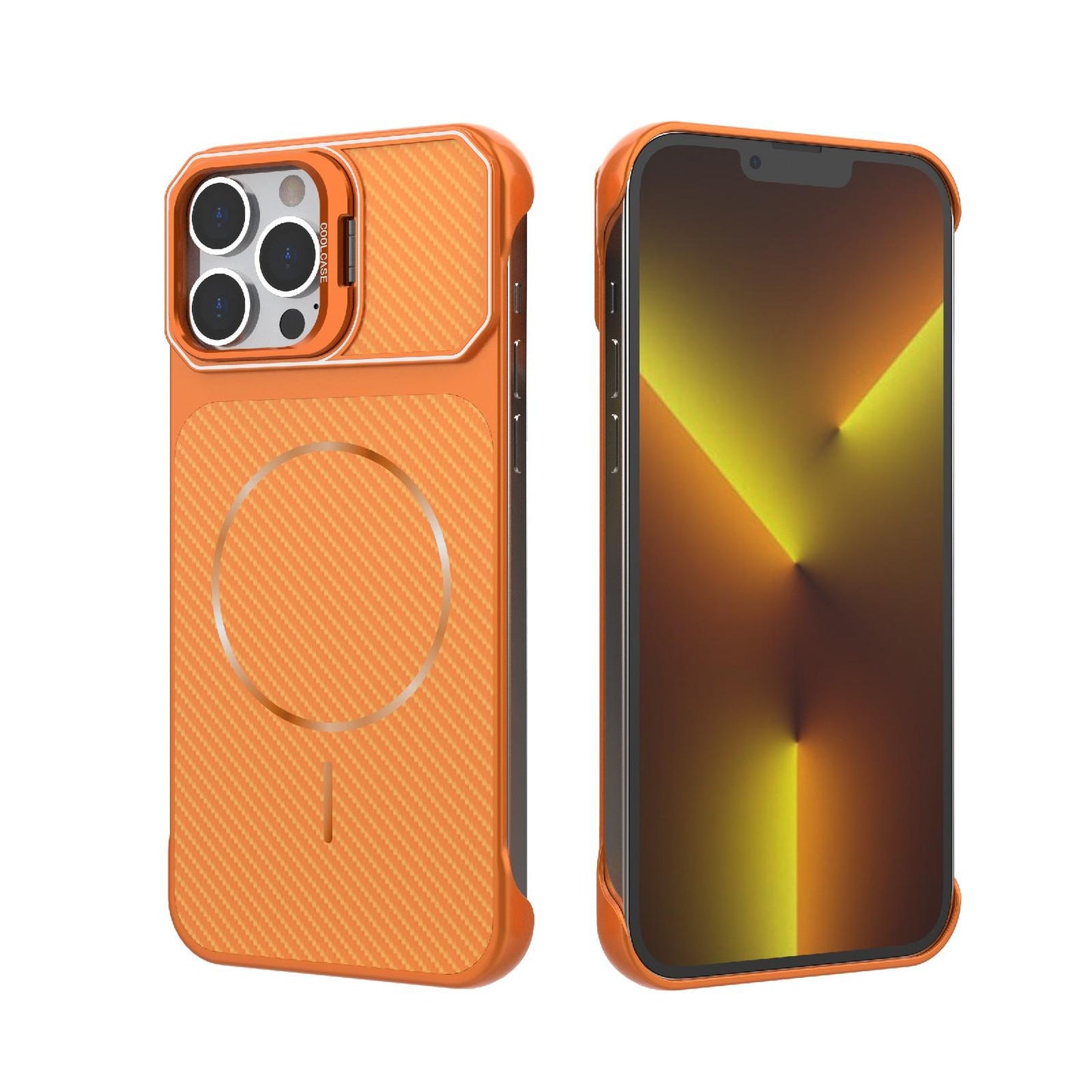 For iPhone 13 Pro Max Frameless Half-Wrapped Carbon Fiber Texture PC Magnetic Phone Case(Orange)