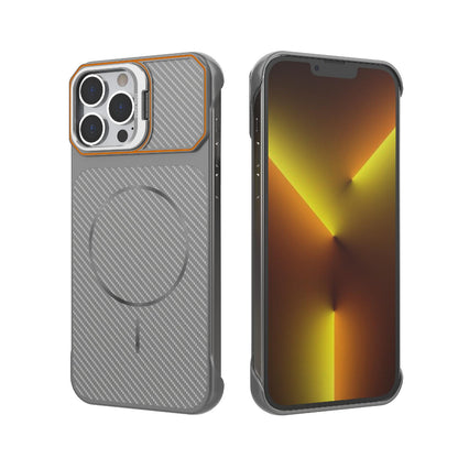 For iPhone 13 Pro Max Frameless Half-Wrapped Carbon Fiber Texture PC Magnetic Phone Case(Gray)