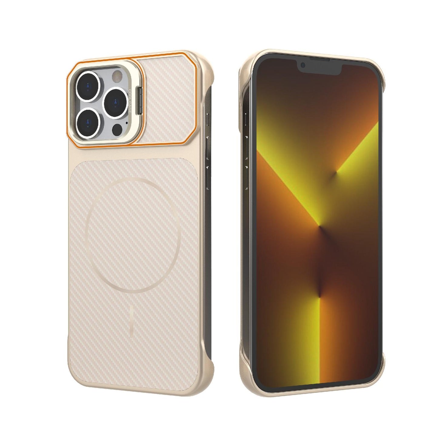 For iPhone 13 Pro Frameless Half-Wrapped Carbon Fiber Texture PC Magnetic Phone Case(Rose Gold)