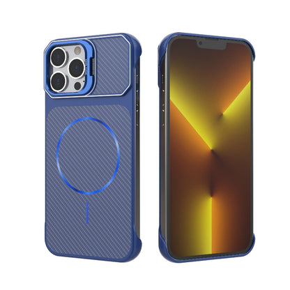 For iPhone 13 Pro Frameless Half-Wrapped Carbon Fiber Texture PC Magnetic Phone Case(Blue)
