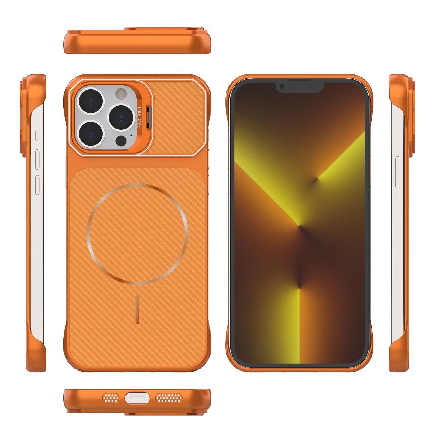 For iPhone 13 Pro Frameless Half-Wrapped Carbon Fiber Texture PC Magnetic Phone Case(Orange)
