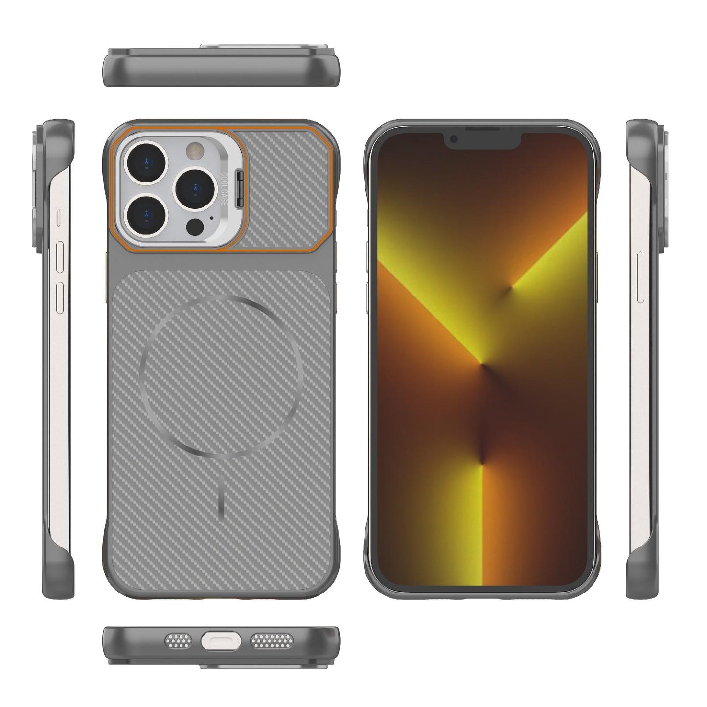 For iPhone 13 Pro Frameless Half-Wrapped Carbon Fiber Texture PC Magnetic Phone Case(Gray)