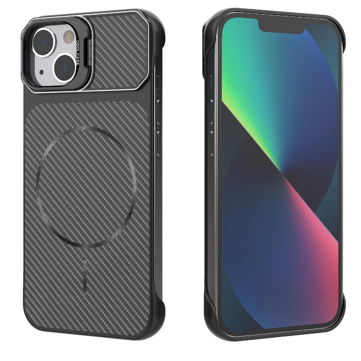 For iPhone 13 Frameless Half-Wrapped Carbon Fiber Texture PC Magnetic Phone Case(Black)