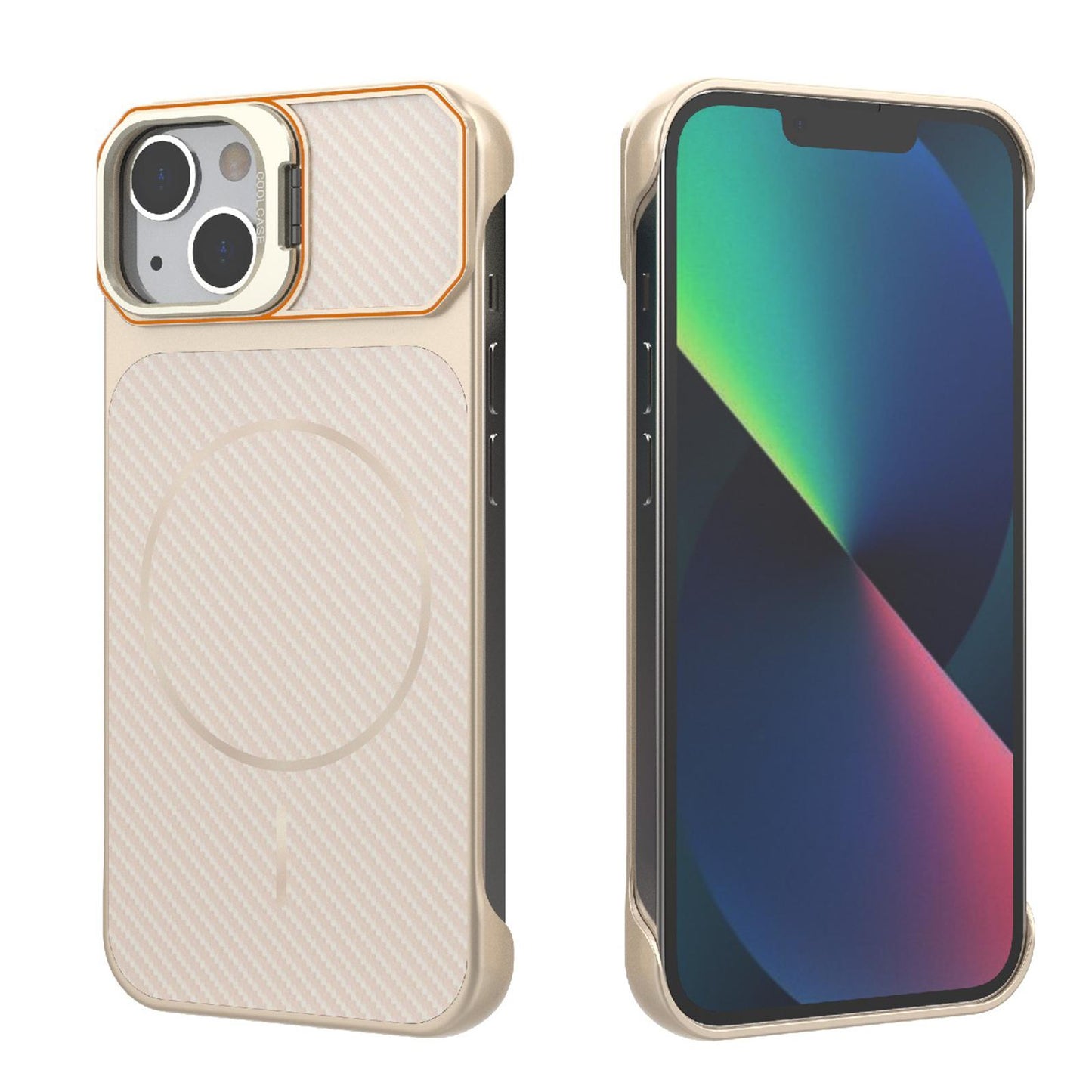 For iPhone 13 Frameless Half-Wrapped Carbon Fiber Texture PC Magnetic Phone Case(Rose Gold)