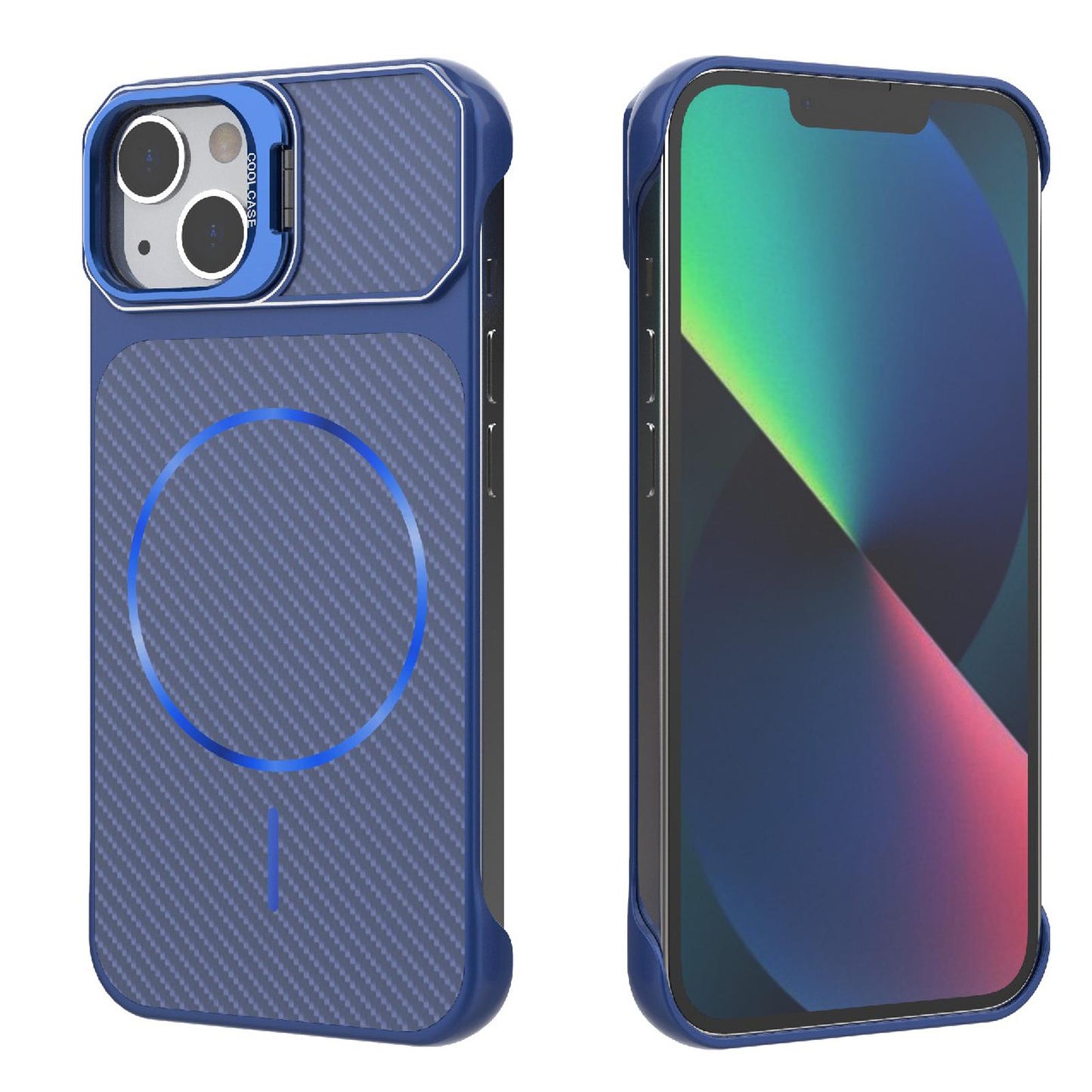 For iPhone 13 Frameless Half-Wrapped Carbon Fiber Texture PC Magnetic Phone Case(Blue)