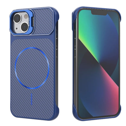For iPhone 13 Frameless Half-Wrapped Carbon Fiber Texture PC Magnetic Phone Case(Blue)