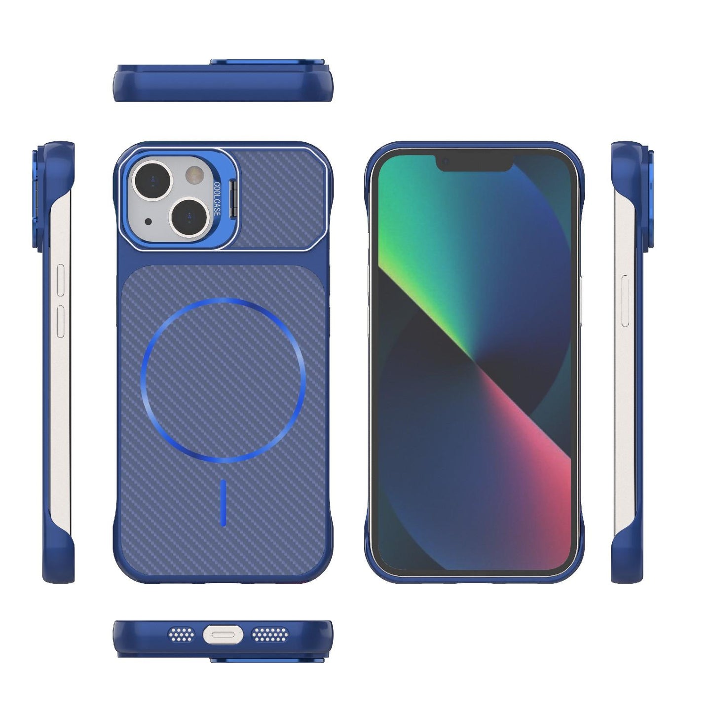 For iPhone 13 Frameless Half-Wrapped Carbon Fiber Texture PC Magnetic Phone Case(Blue)