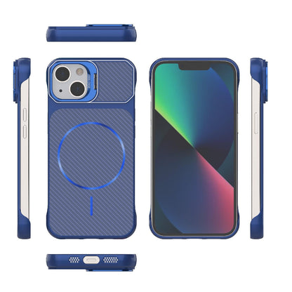 For iPhone 13 Frameless Half-Wrapped Carbon Fiber Texture PC Magnetic Phone Case(Blue)