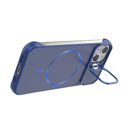 For iPhone 13 Frameless Half-Wrapped Carbon Fiber Texture PC Magnetic Phone Case(Blue)