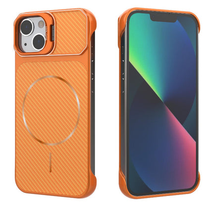 For iPhone 13 Frameless Half-Wrapped Carbon Fiber Texture PC Magnetic Phone Case(Orange)