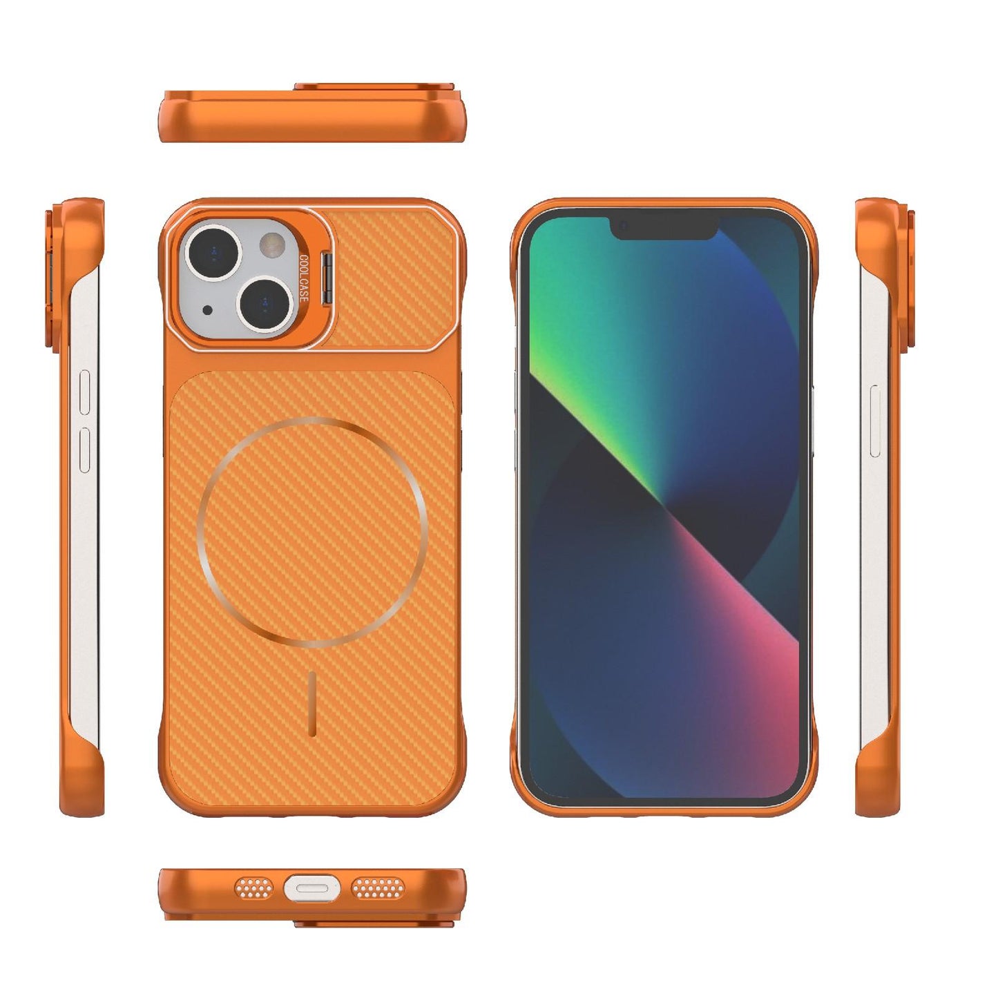 For iPhone 13 Frameless Half-Wrapped Carbon Fiber Texture PC Magnetic Phone Case(Orange)