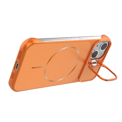 For iPhone 13 Frameless Half-Wrapped Carbon Fiber Texture PC Magnetic Phone Case(Orange)