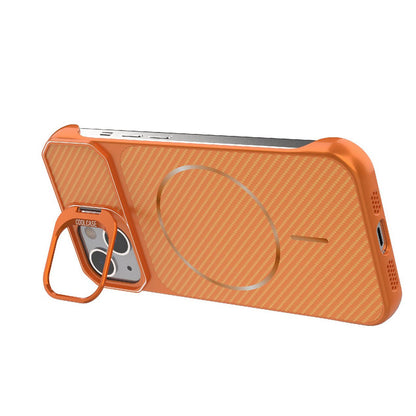 For iPhone 13 Frameless Half-Wrapped Carbon Fiber Texture PC Magnetic Phone Case(Orange)